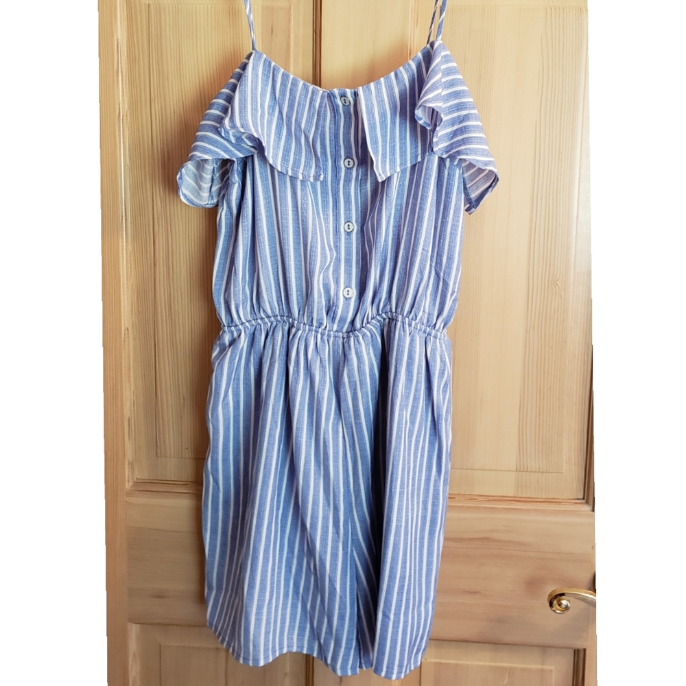 MONTEAU Romper Medium Blue White Striped Spaghetti Straps Lined